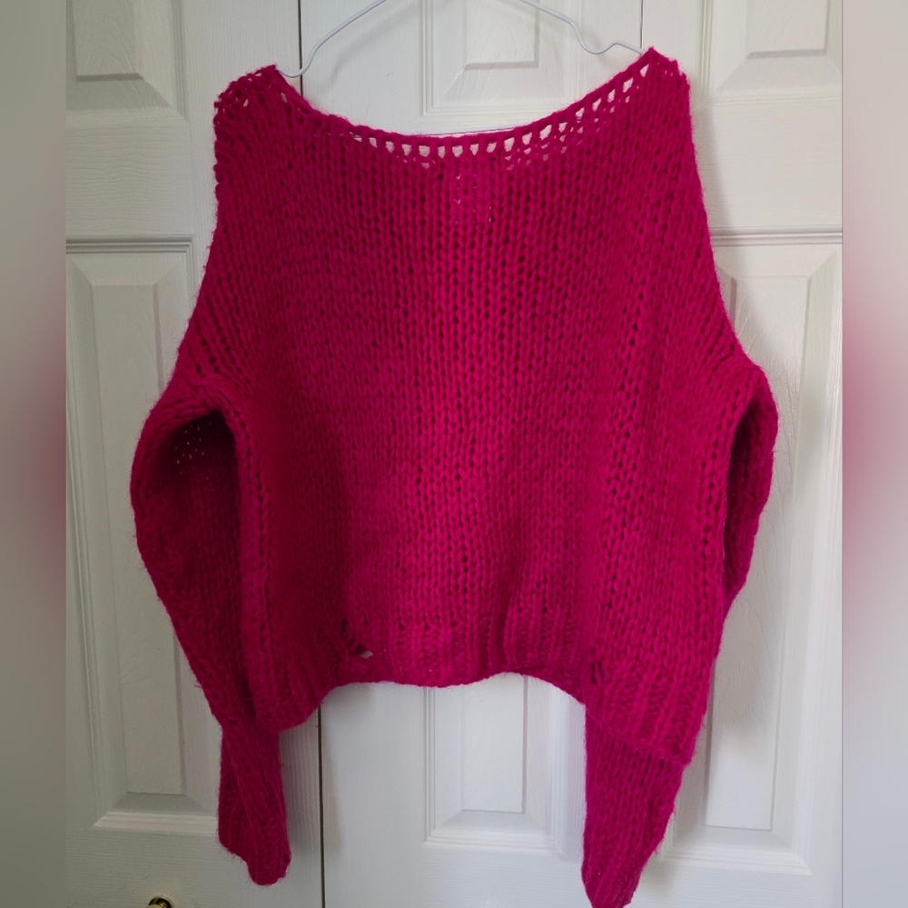 Fuchsia Pink Distressed Knit Sweater M - Picture 8 of 9
